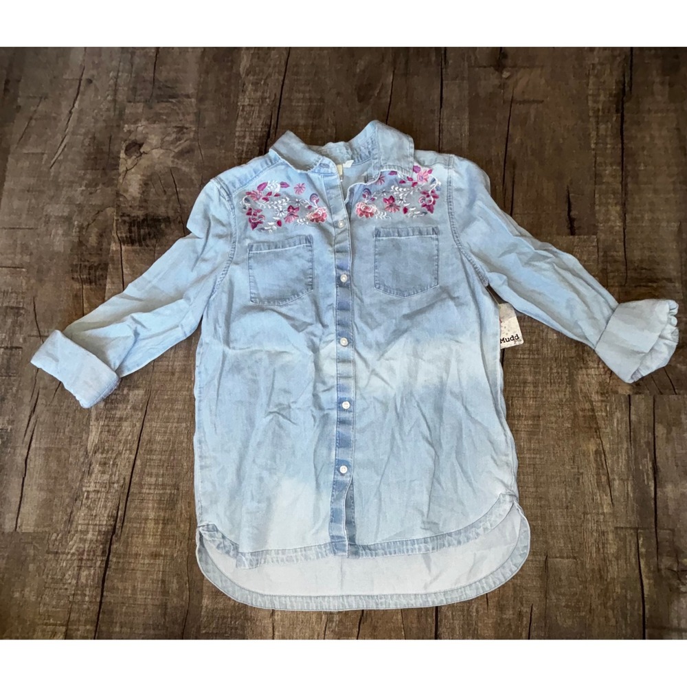Mudd Girls Light Wash Denim Embroidered Floral Button Down Shirt Size 16 NWT